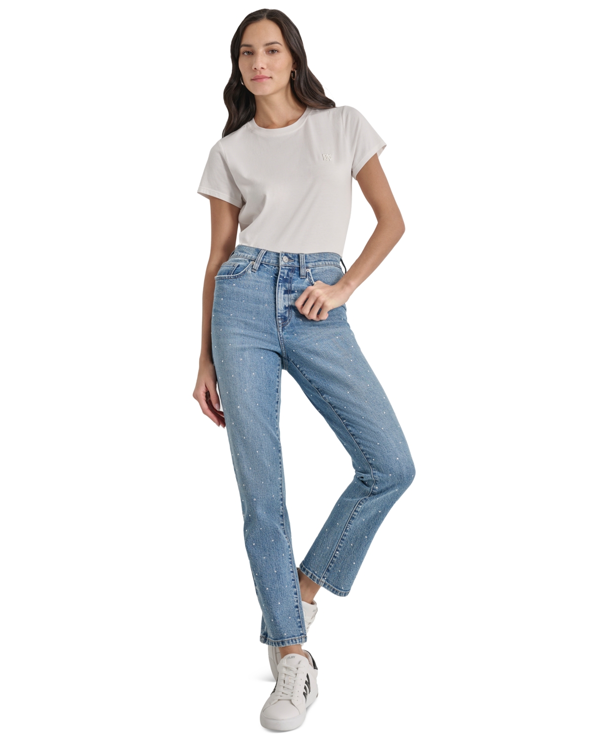 DKNY JEANS WOMEN'S HIGH-RISE SLIM STRAIGHT SCATTERED RHINE-STUDS JEANS 