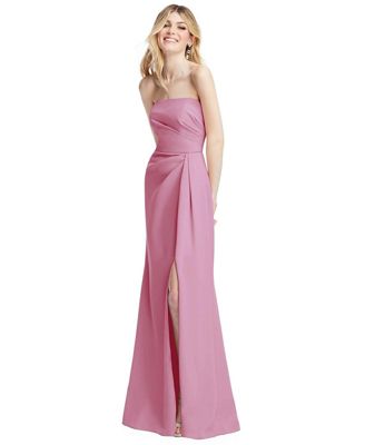 Plus Size Strapless Pleated Faux Wrap Trumpet Gown with Front Slit