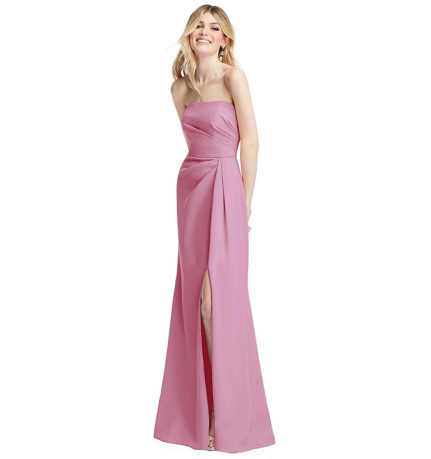 Plus Size Strapless Pleated Faux Wrap Trumpet Gown with Front Slit