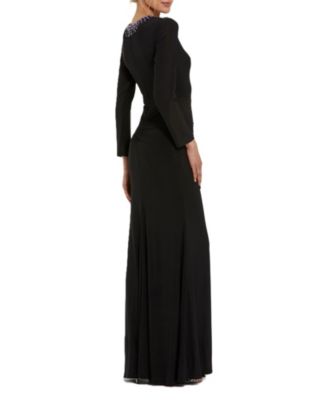 Women's Long Sleeve Jersey Ruched Gown With Beaded Neck