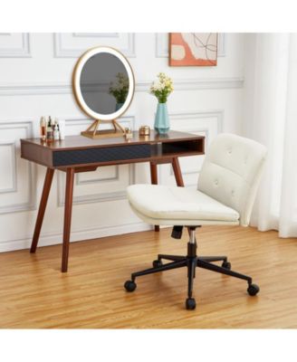 Armless Criss Cross Chair with Wheels, 360° Height Adjustable Swivel Office Chair, Wide Seat Swivel Leather Desk Chair, Modern Vanity Chair for Home, Office, Make Up