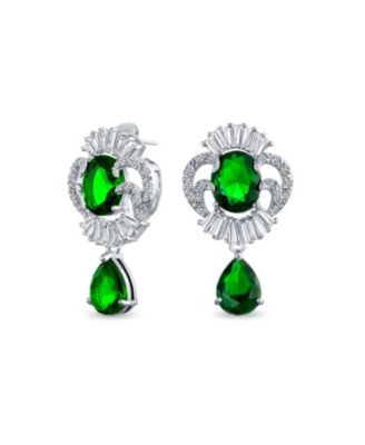 Art Deco Style Green Cz Teardrop Crown Baguette Dangle Prom Statement Earrings Silver Plated Brass