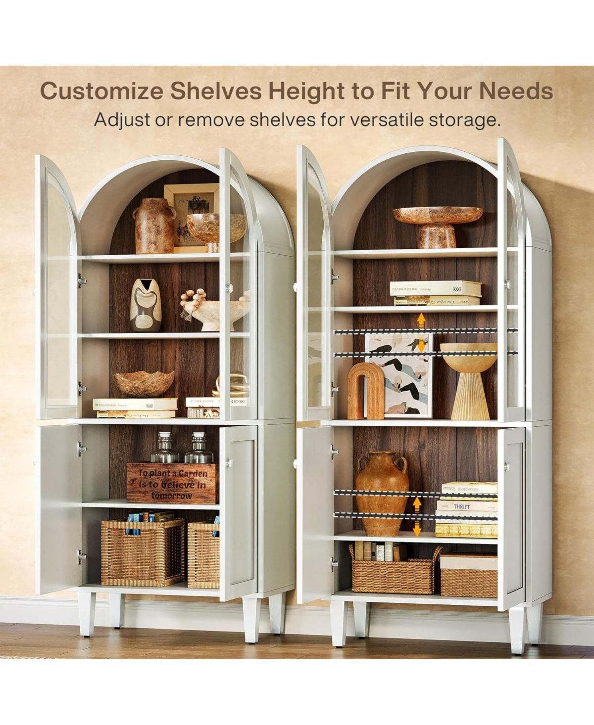 Tribesigns Tall Arched Storage Cabinet Set of 2,Farmhouse 5-Tier Display Bookcase, Kitchen Pantry Hutch Cabinet with Doors and Adjustable S