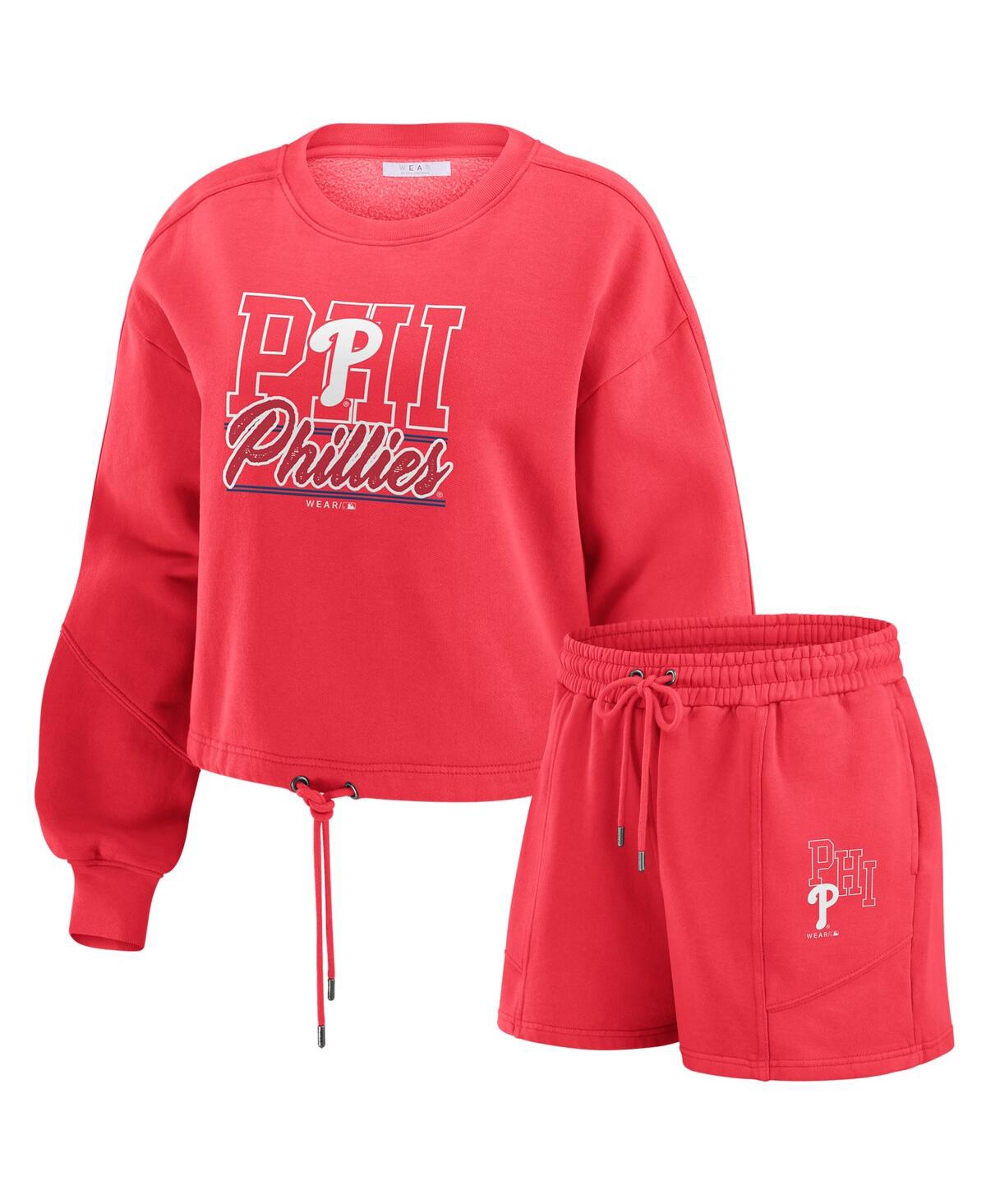 Women's Red Philadelphia Phillies Washed Fleece Sweatshirt Shorts Lounge Set - Red