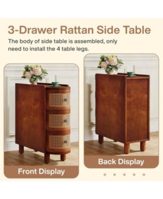 Solid Wood End Table Set of 2, 3-Drawer Rattan Nightstands with Embossed Handles, Fully Assembled for Living Room or Bedroom