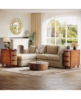 Solid Wood End Table Set of 2, 3-Drawer Rattan Nightstands with Embossed Handles, Fully Assembled for Living Room or Bedroom