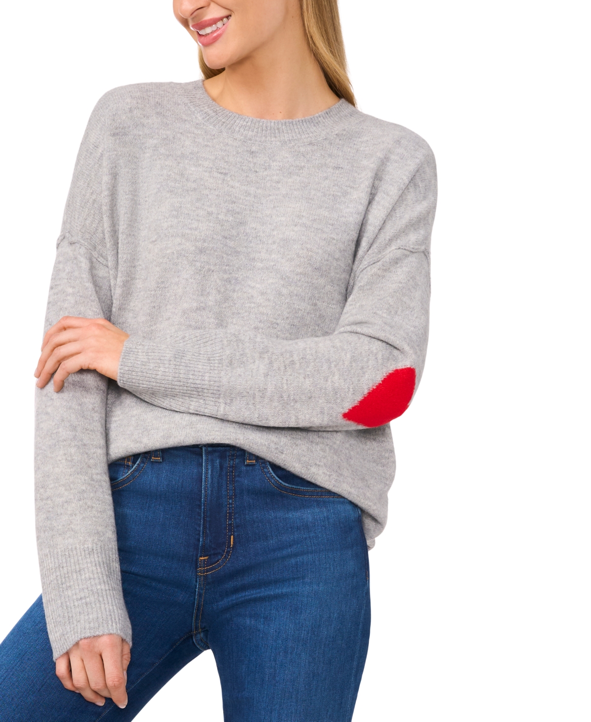 Cece Heart Elbow Crewneck Sweater In Light Heather Grey