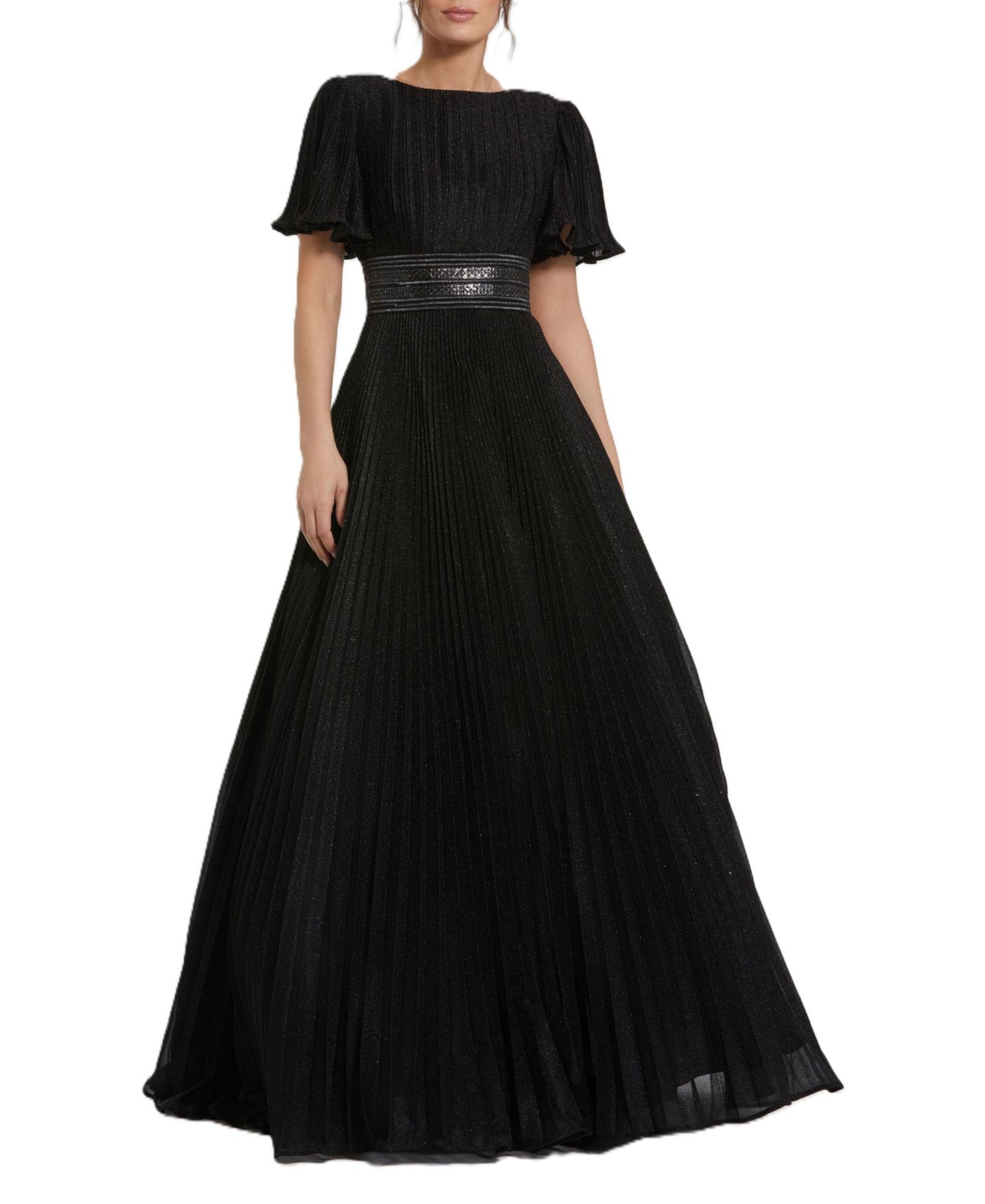Женское платье Mac Duggal Pleated Shimmering Georgette Flutter Sleeve Gown, цвет: Чёрный — фото 4
