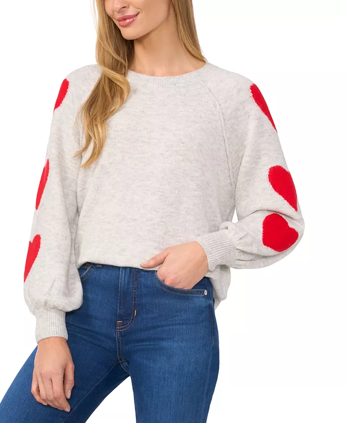 Women’s Valentine's Crewneck Heart-Print Raglan Long-Sleeve Sweater