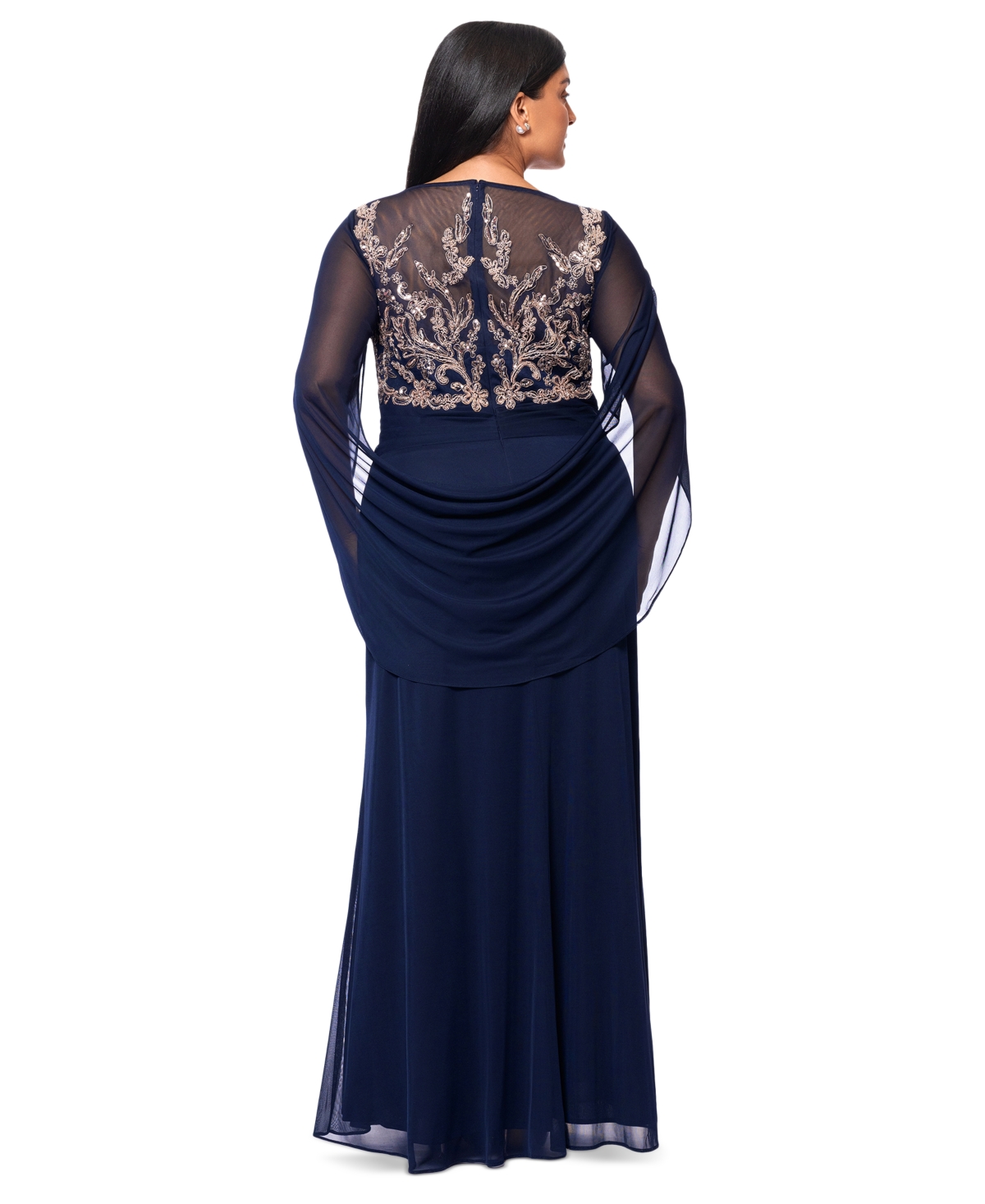 Betsy & Adam Plus Size Floral-applique Cape-sleeve Gown In Navy,rose