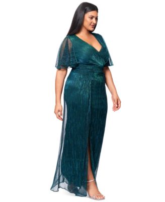 Betsy & Adam Plus Size V-Neck Metallic Crinkle Gown 