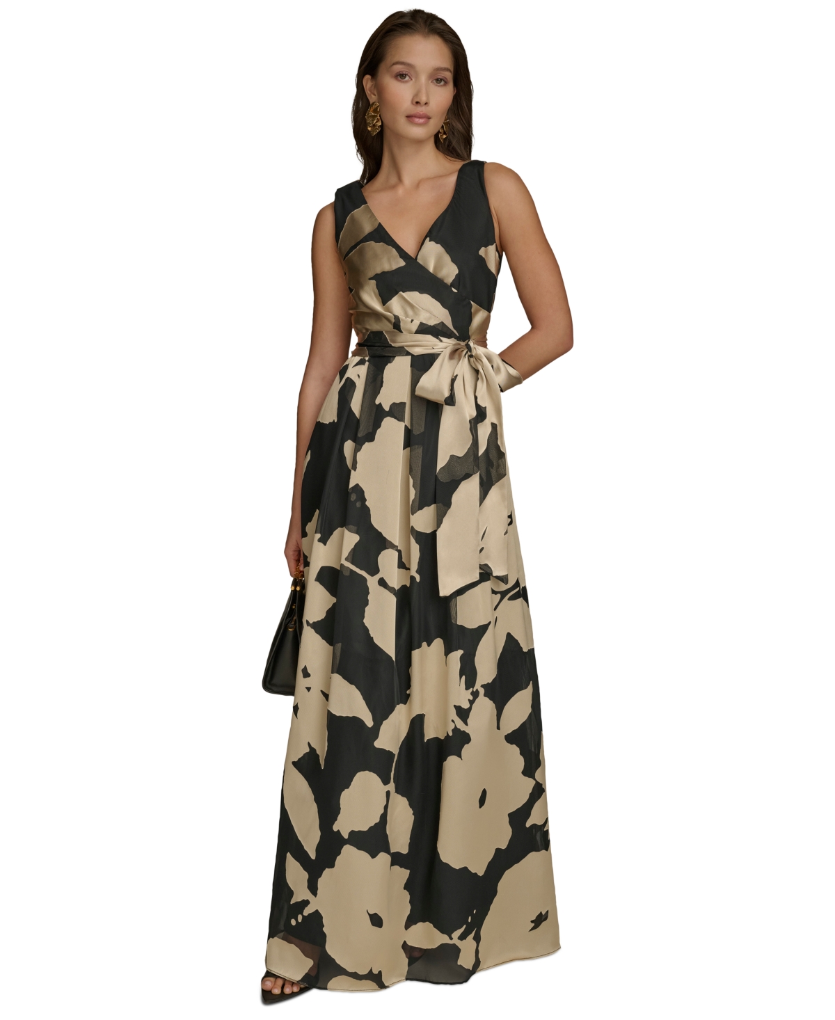 Women's Printed Sleeveless Tie-Waist Gown - Black/Sand Multi