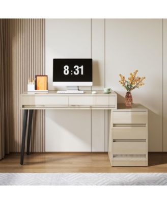 modern, reversible, wood desk with 5 drawers, printer stand, storage — ideal for home office, bedroom, or living room setup.