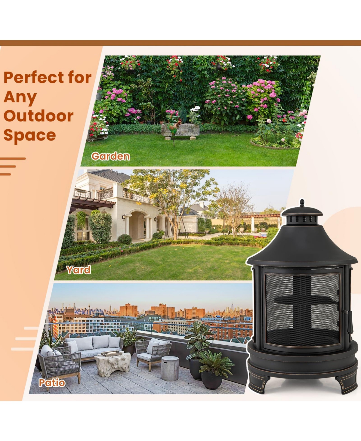 Sugift Outdoor Fire Pit Chiminea with Grill for Garden Bbq