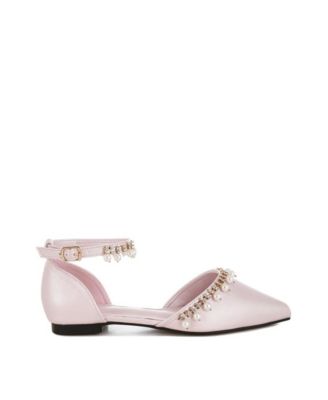 Aouva Rhinestone & Pearl Ankle Strap Flat Sandals
