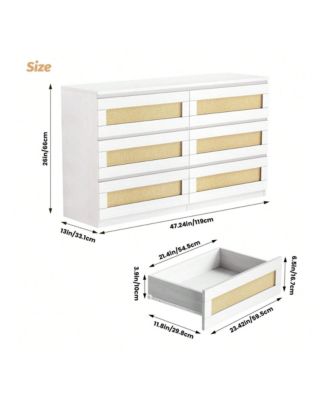 1Pc MDF 6-Drawer Rattan Anti-Tip Wide Storage Dresser Cabinet