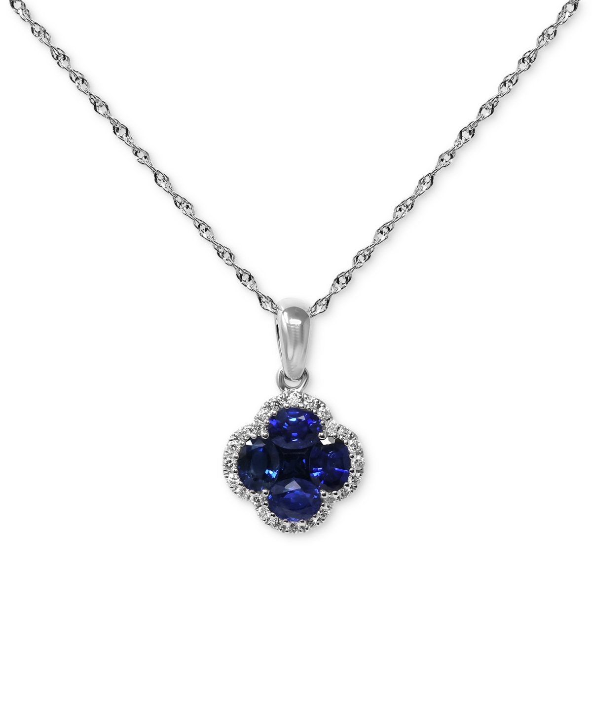 Macy's Sapphire (1 Ct. T.w.) & Diamond (1/10 Ct. T.w.) Clover Halo Cluster Pendant Necklace In 14k White Go In Sapphire