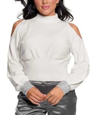 GUESS - Women's Long-Sleeve Cold-Shoulder Bling-Cuff Sweater