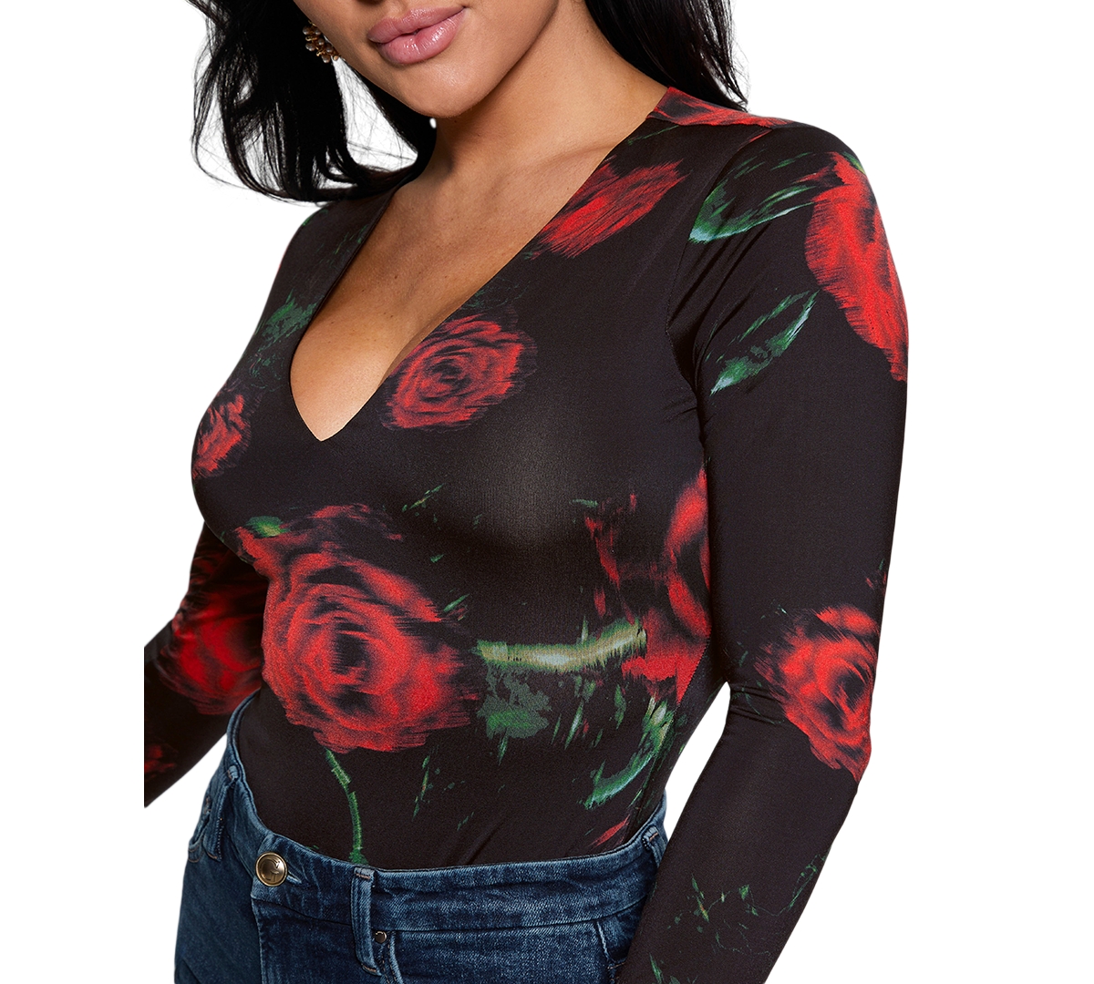 Guess Women's Bianca Rose-Print V-Neck Long-Sleeve Bodysuit