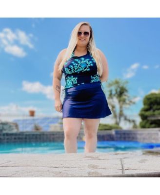Plus Size Chlorine Resistant High Waisted Mini Swim Skirt With Shorts