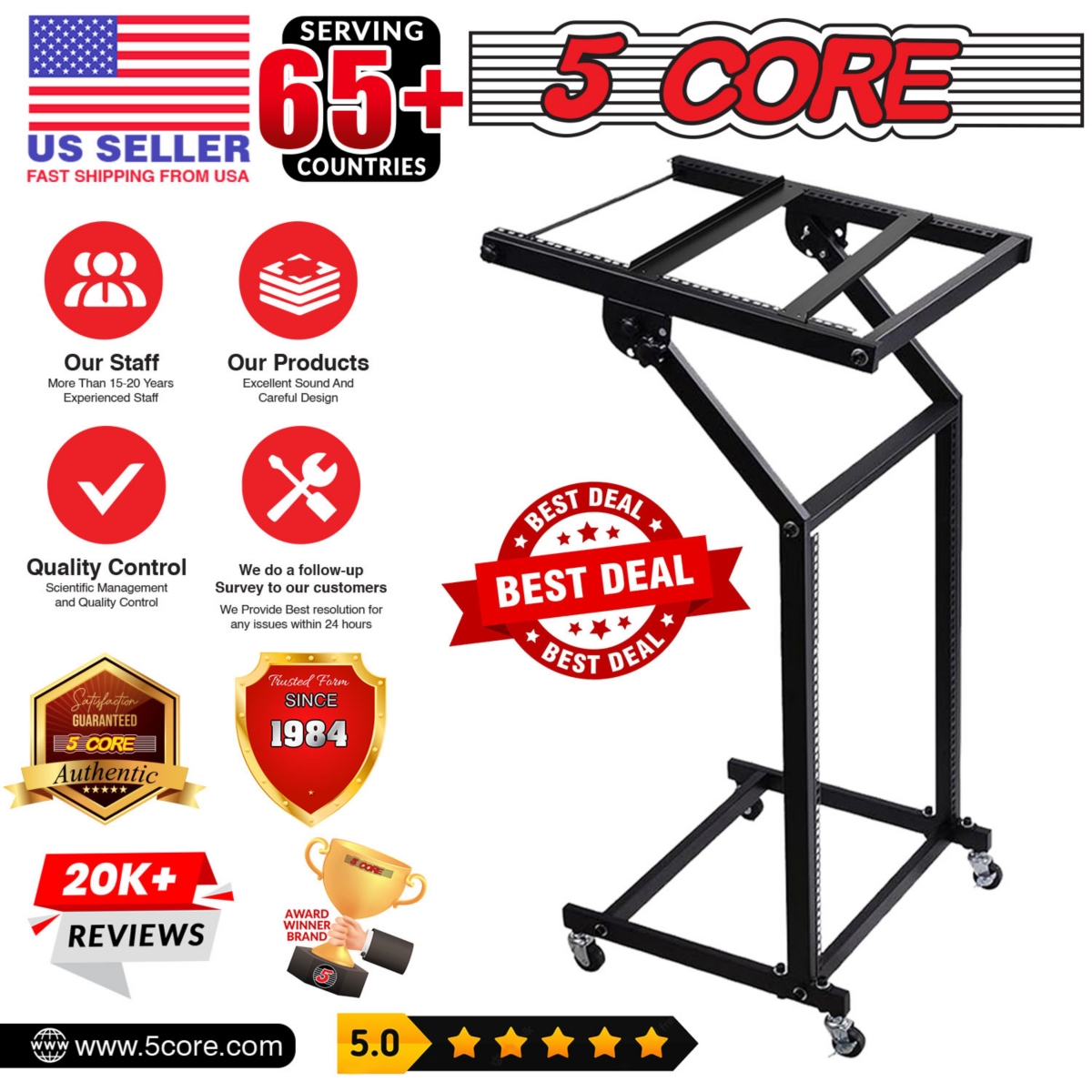 5 Core Dj Mixer Stand 12U Adjustable Rack Mount Rolling Stage Cart Pro Audio Studio Equipment for Homes Offices Stage Music Studios w Wheels - Rack St