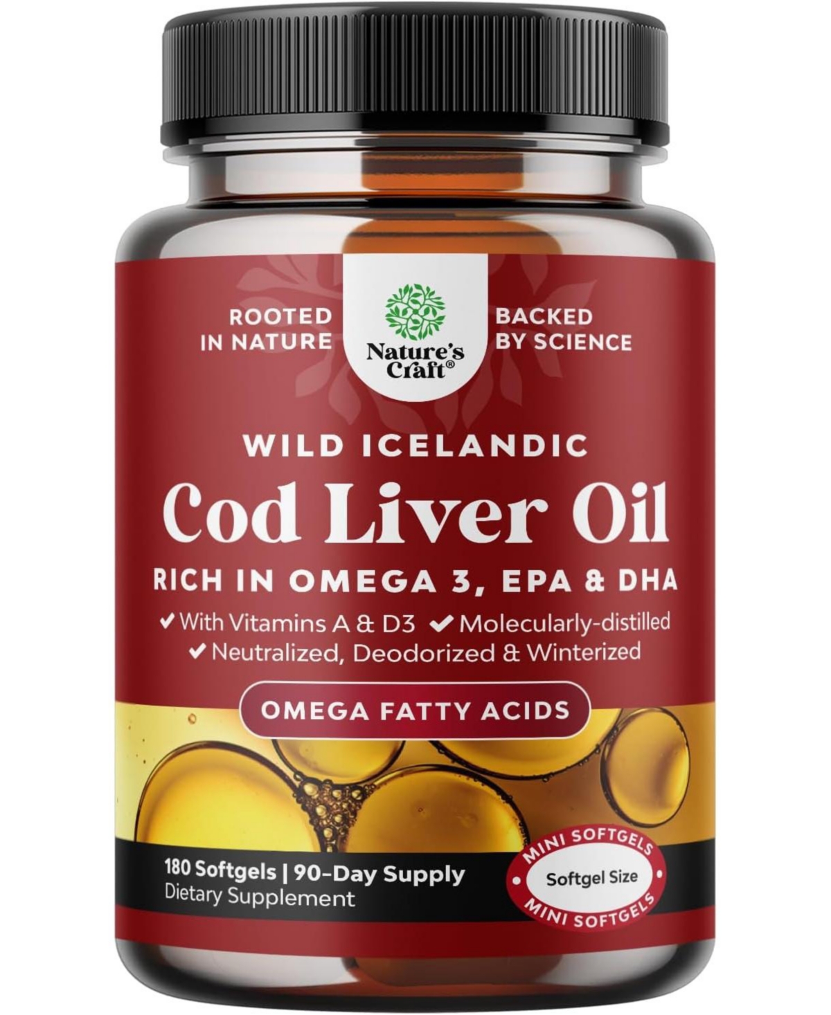 Cod Liver Oil Softgels, Fish Oil Supplement with Vitamin D3 & A for Heart Joint Brain and Immune Support, Nature's Craft, 180ct