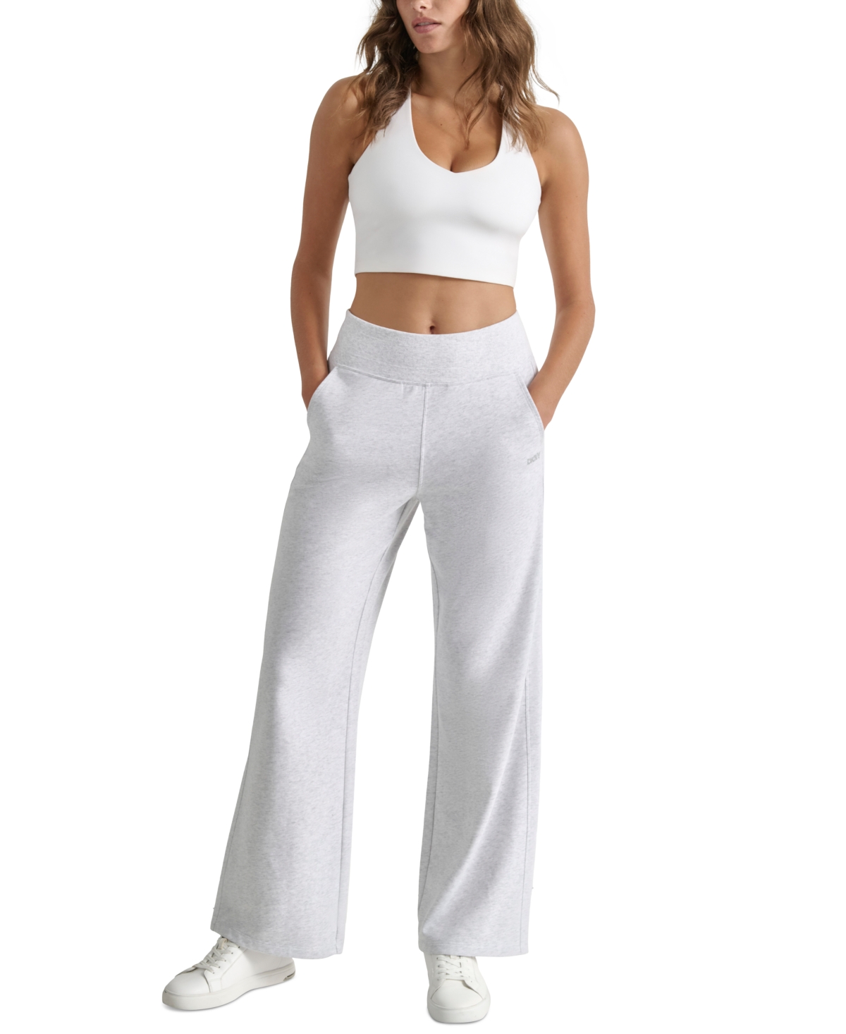 Dkny Sport Women's Studded-logo Wide-leg Pants In Optic Heather