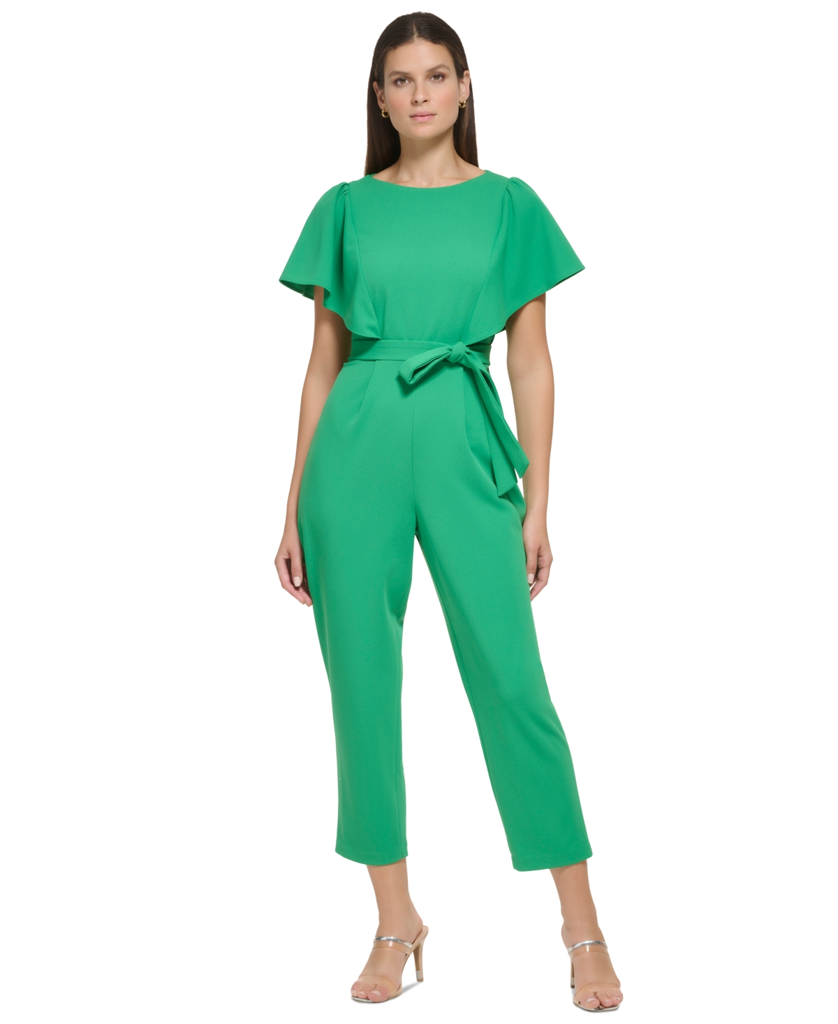 Shop Dkny Women's Cropped Flutter-sleeve Belted Jumpsuit In Apple Green