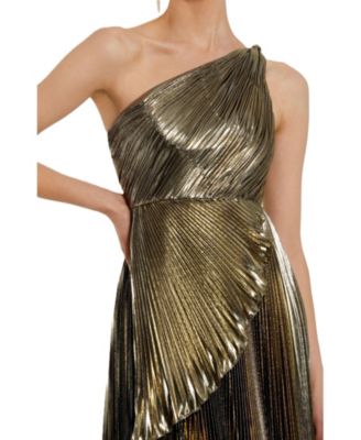 Mac Duggal Women's Pleated Metallic One Shoulder High Low