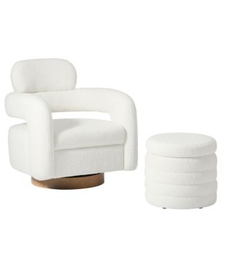 Modern Faux Sherpa Swivel Barrel Accent Chair With Storage Ottoman