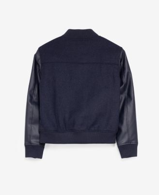 Boys Wool Varsity Bomber Jacket With Grainy PU Sleevees