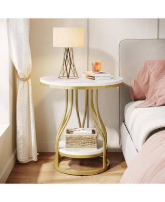 Round Side Table White Gold End Table 2-Tier End Table Modern Bedside Table Small Side Table with Storage for Couch Side, Sofa Side Table with Metal Frame for Living Room