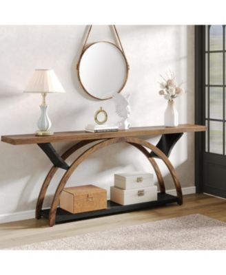 70.87" Console Tables for Entryway, Narrow Long Entryway Table with Storage Shelf, 2-Tier Rustic Sofa Table with Half Moon Frame for Hallway Living Room (Gray & Black