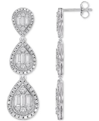 Macy's - Diamond Baguette & Round Triple Teardrop Cluster Drop Earrings (1-1/2 ct. t.w.) in 14k White Gold