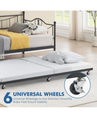 Twin Daybed with Trundle, Modern Pull Out Day Bed Frame with Vintage Headboard, Metal Daybed with Sturdy Slat Support,for Small Spaces, Kids Room, Living Room, Guest Room