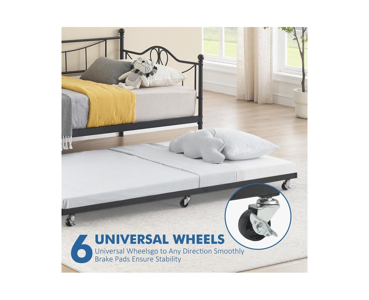 gaomon Daybed with Trundle, Modern Pull Out Day Bed Frame with Vintage Headboard, Metal Daybed with Sturdy Slat Support,for Small Spaces, Kids Ro