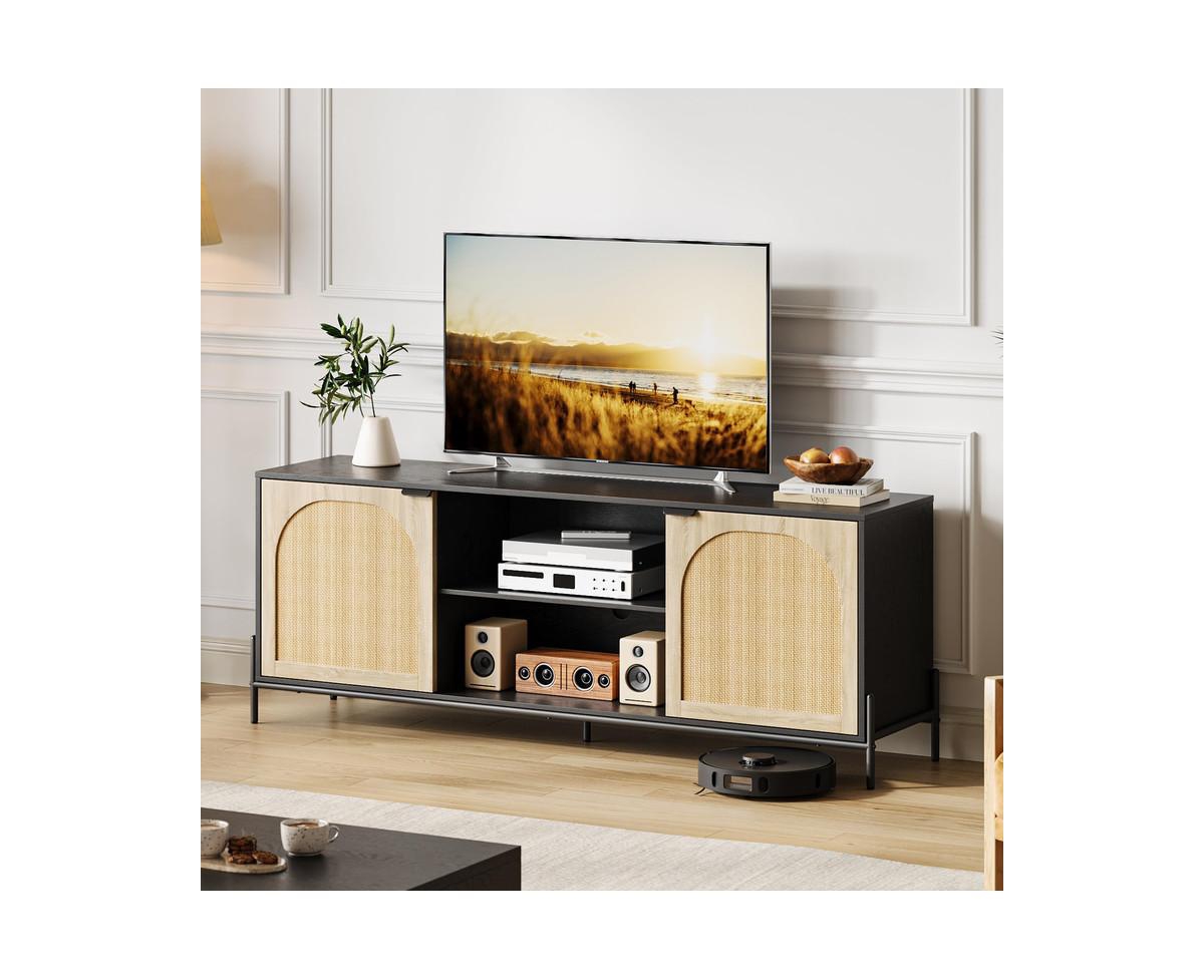 gaomon Tv Stand for 75 inch Tv, Entertainment Center with Storage, 65 Inch Tv Console Table with Metal Legs, Rattan Media Console Cabinet with 2 Doors