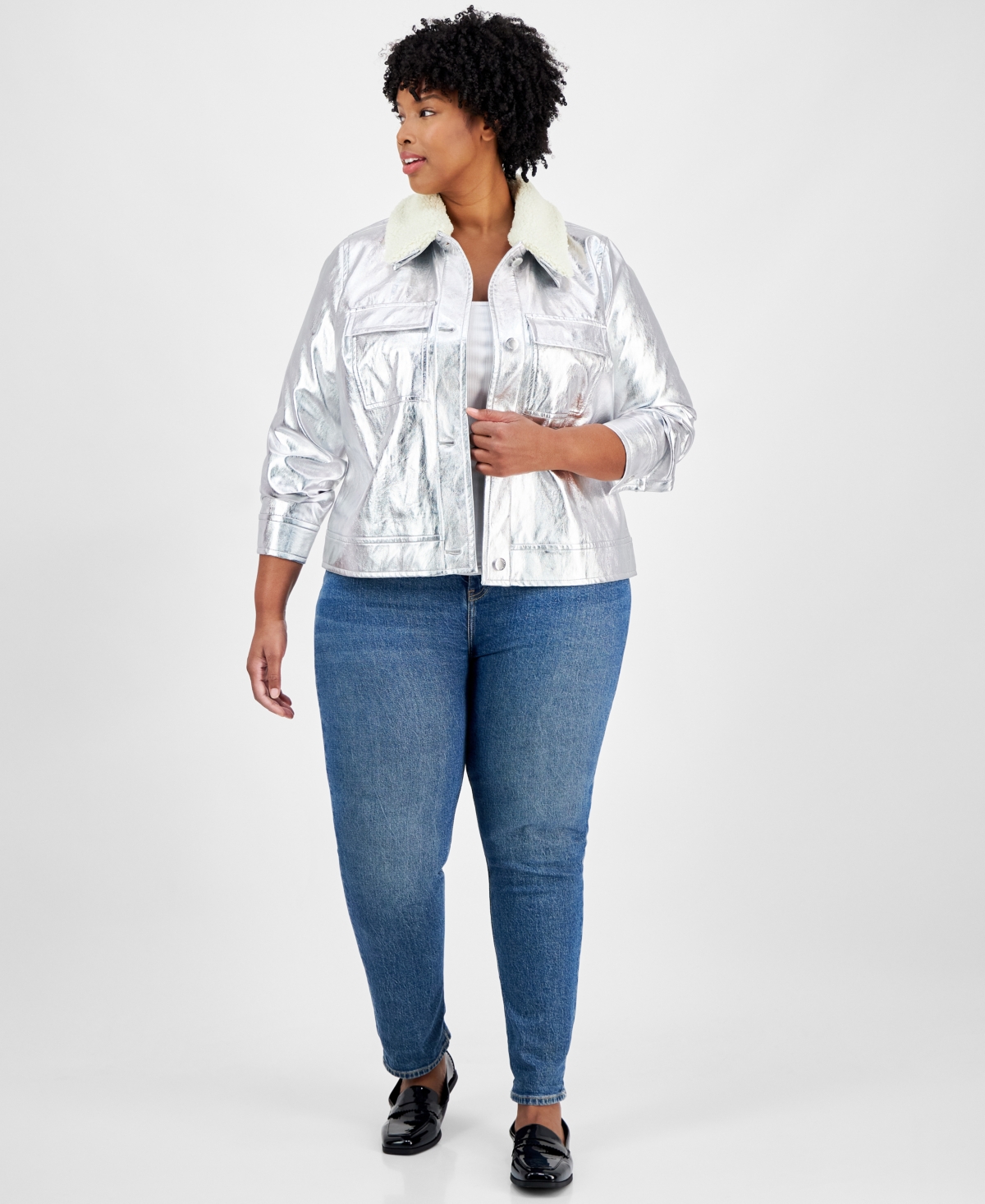 On 34th Plus Size Metallic Faux-Leather Sherpa-Trim Jacket, Exclusively at Macy's