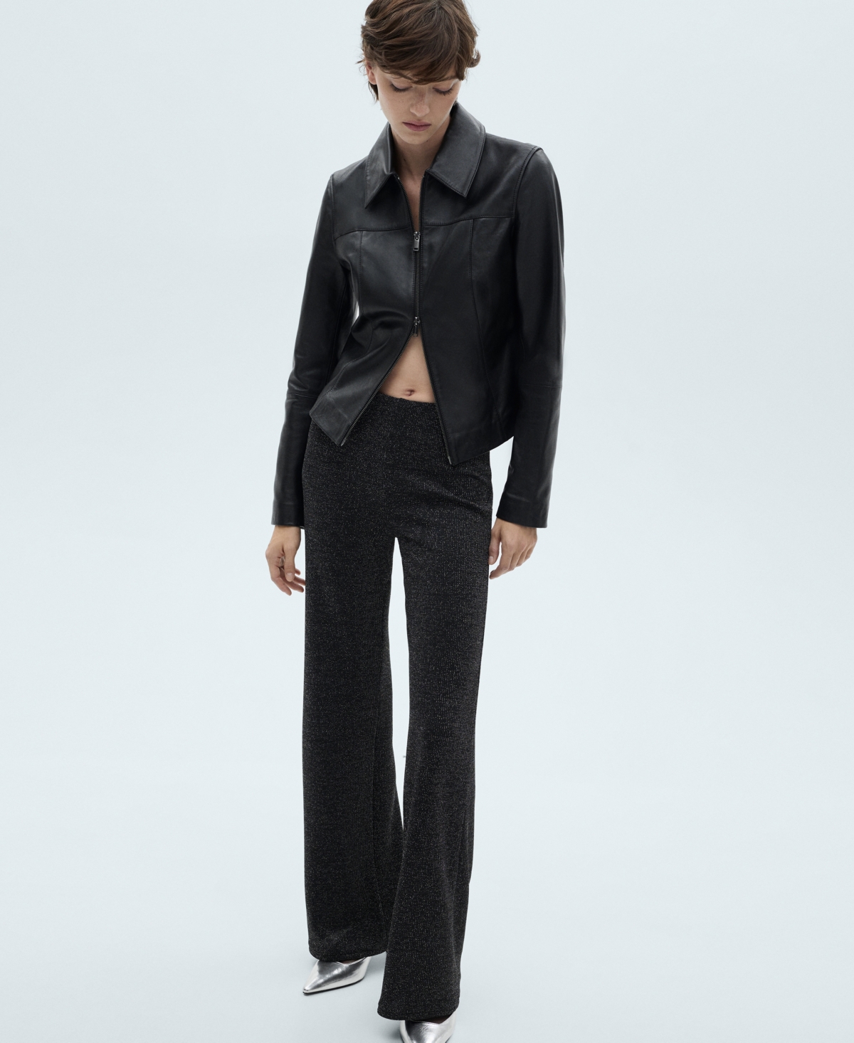 Shop Mango Women's Lurex-knit Flared Pants In Gray