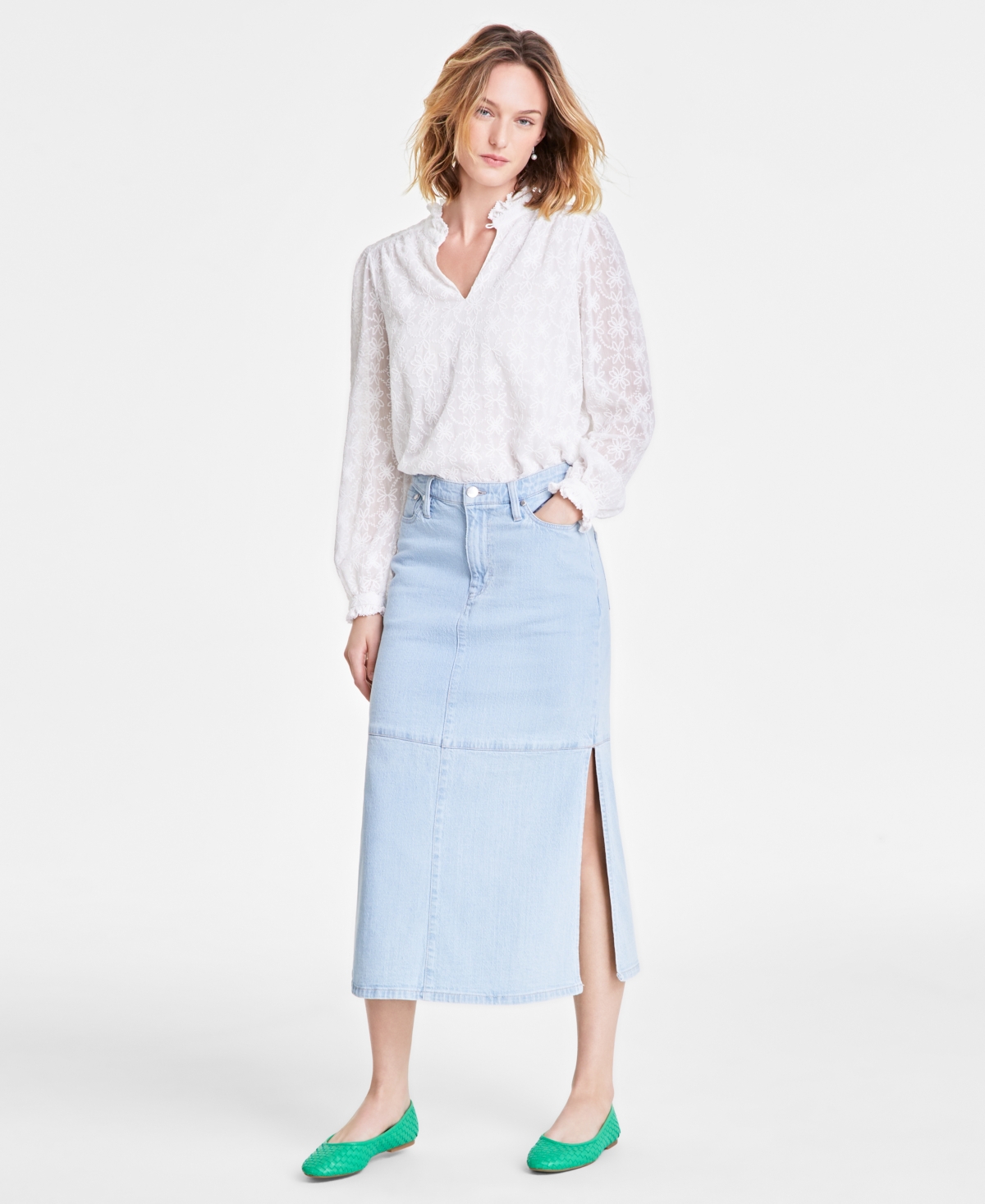 Women's Split-Seam Denim Midi Skirt, Exclusively at Macy's - Bright Light