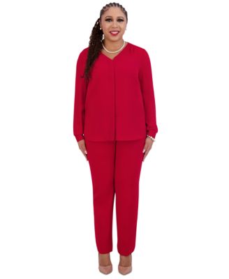 Kasper - Women's V-Neck Button-Front Long-Sleeve Blouse