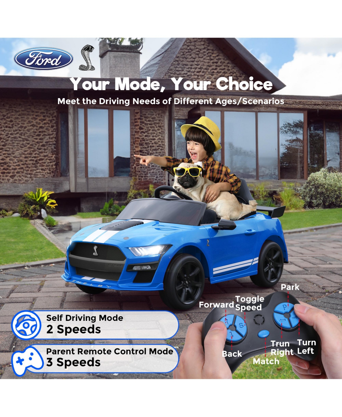 Funtok Licensed Ford Mustang Shelby GT500 12V Kids Electric Ride On Car w/Parent Remote Control, Led Lights, MP3, bluetooth, Spring Suspension