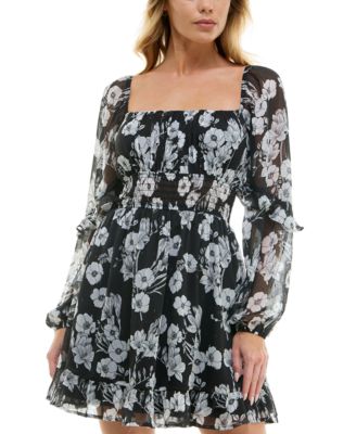 Trixxi - Junoirs' Square-Neck Smocked-Waist Long-Sleeve Dress