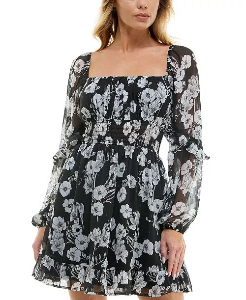 junoirs' square-neck smocked-waist long-sleeve dress