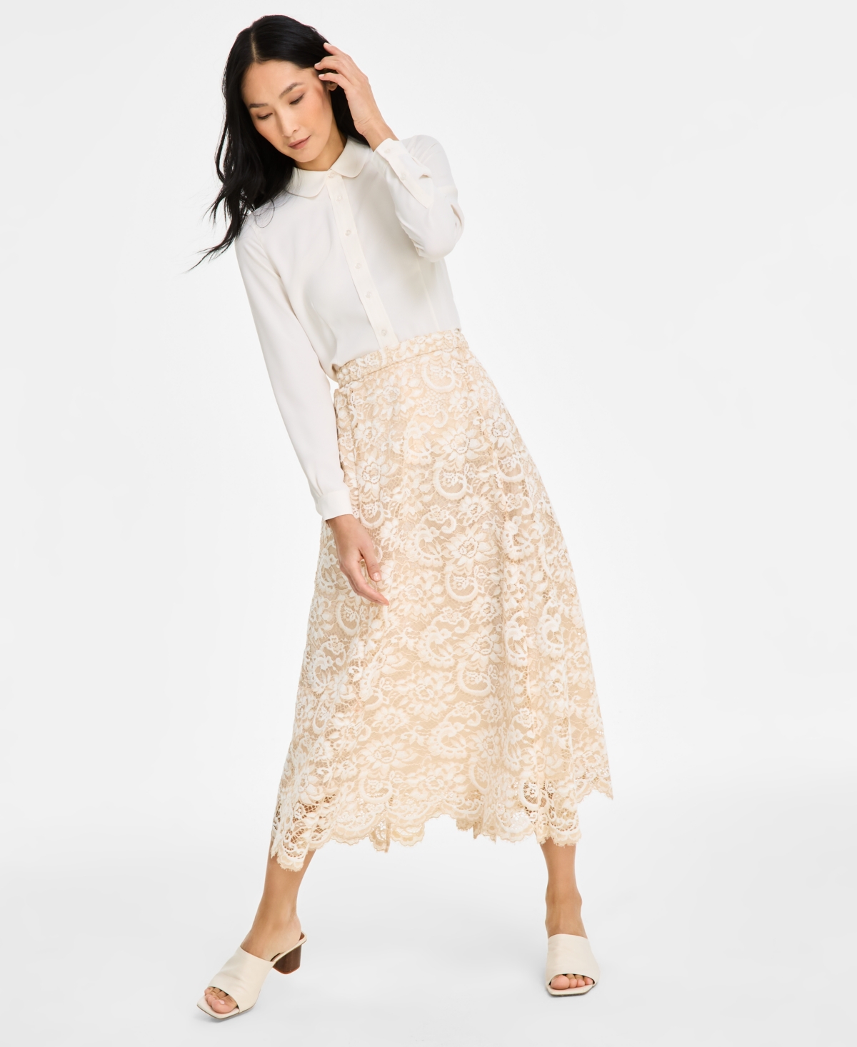 ANNE KLEIN WOMEN'S PULL-ON LACE MIDI SKIRT 
