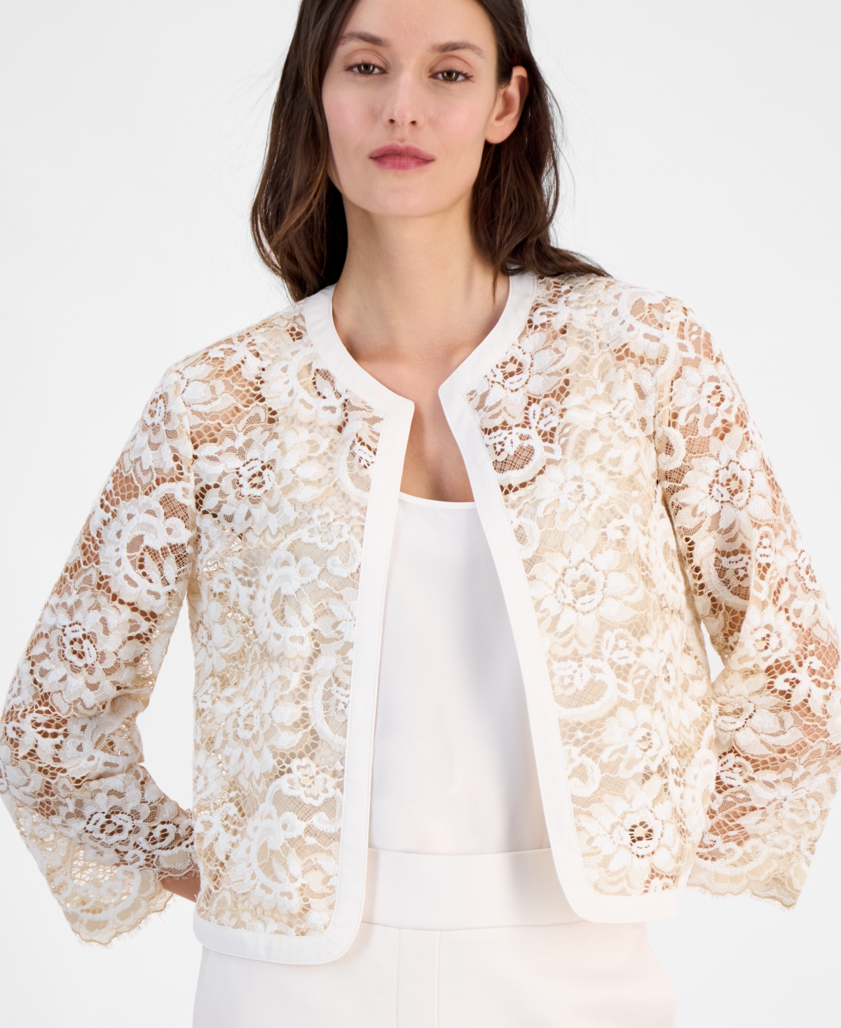 ANNE KLEIN WOMEN'S LACE OPEN-FRONT 3/4-SLEEVE JACKET 
