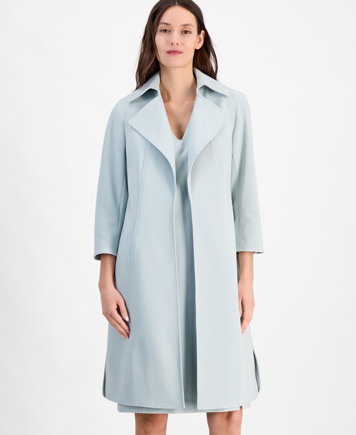 Anne Klein Womens Sleeveless V Neck Slit Hem Dress Stretch Wide Collar Open Front Long Jacket In Soft Aloe