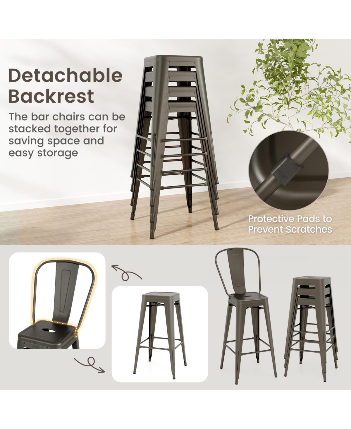 Gouun 30 Inch Height Set of 4 High Back Metal Industrial Bar Stools
