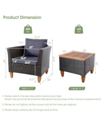 3 Pieces Outdoor Patio Wicker Furniture Set with Cushions and Acacia Wood Table