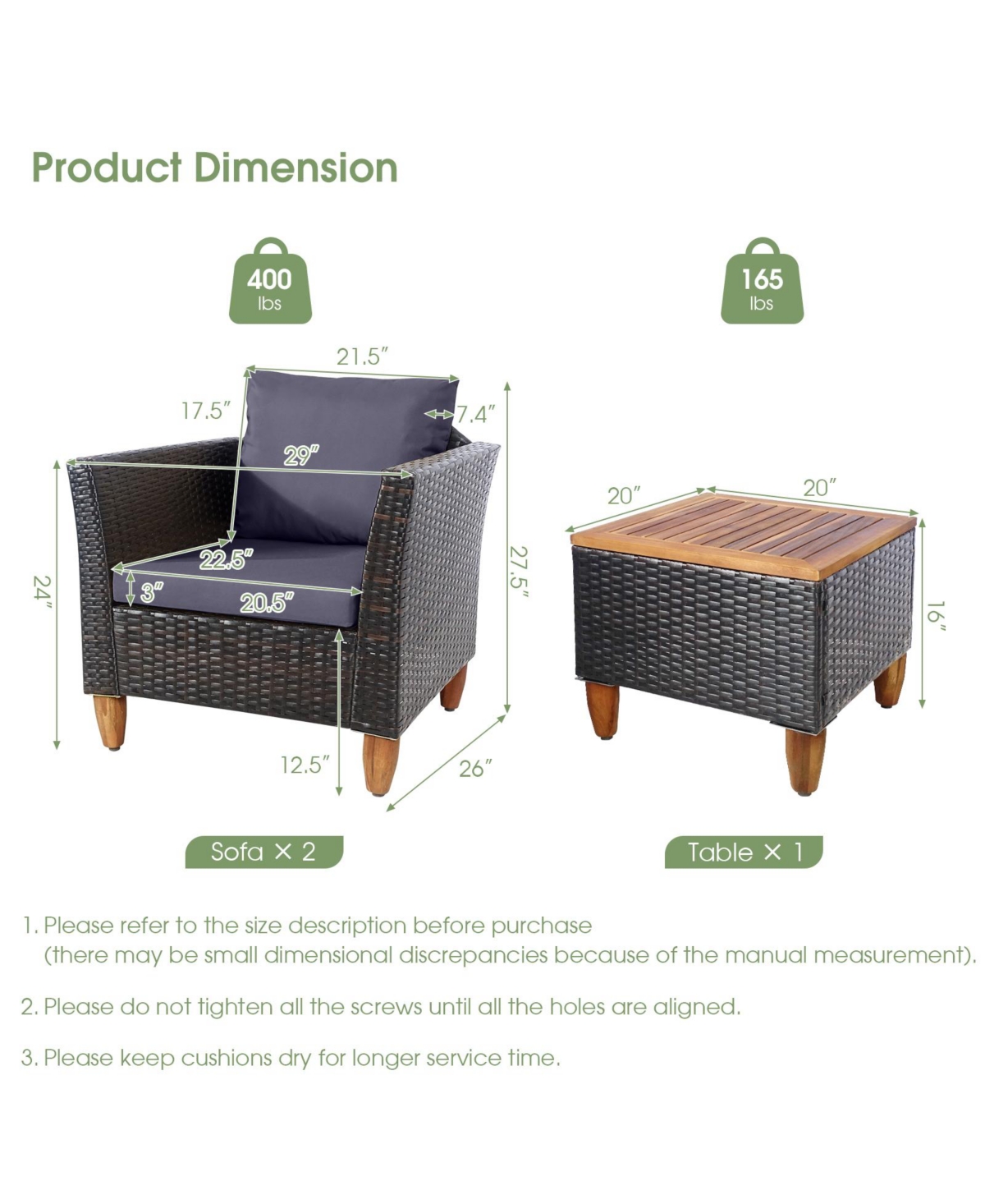 Gouun 3 Pieces Outdoor Patio Wicker Furniture Set with Cushions and Acacia Wood Table